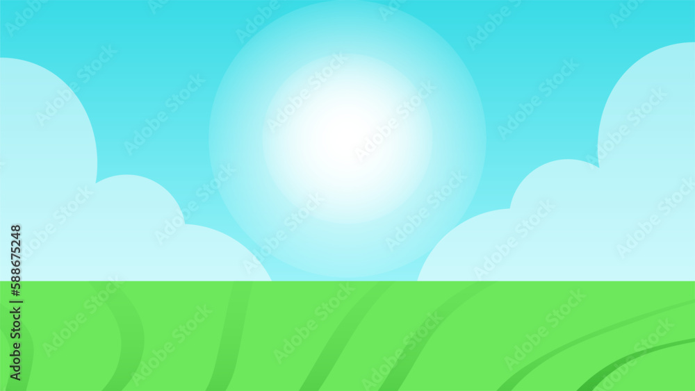 Green Land Grass Blue Sky and Cloud Soft White Sunshine Bright Day Environment Background BG Green Land Grass Blue Sky and Cloud Soft White Sunshine Bright Day Environment Background BG