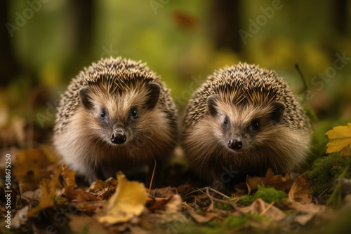Two wild Erinaceus Europaeus facing forward in their natural woodland habitat covered with moss and autumn leaves.