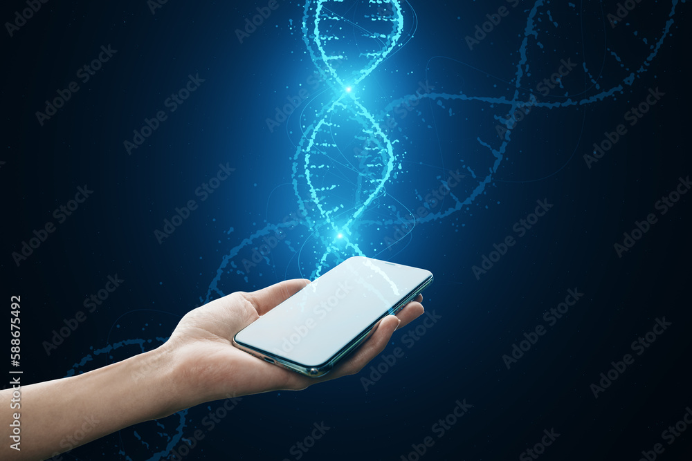 Close up of female hands holding cellphone with glowing DNA helix hologram on dark background. Medicine and bioengineering concept.