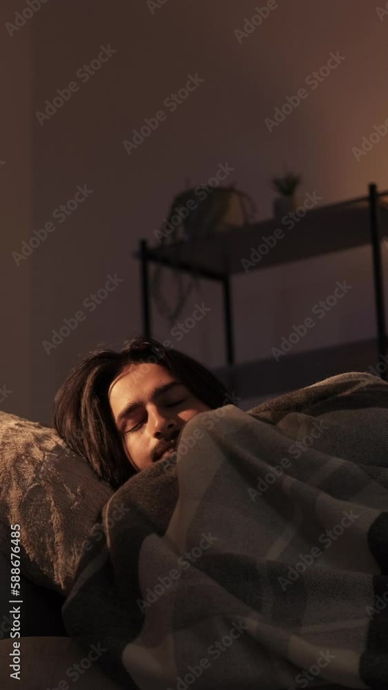 Vertical video. Sleep disorder. Night anxiety. Stress insomnia