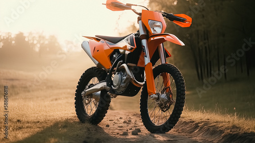 Full Camera Shot of Orange KTM 450 EXC-F in a Sunset Field, Generative AI