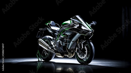 Full Camera Shot of a Black and Green Kawasaki Ninja H2R, Generative AI