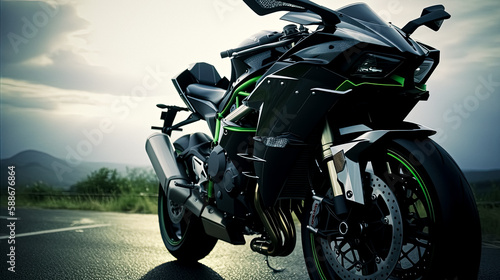 Full Camera Shot of a Black and Green Kawasaki Ninja H2R, Generative AI