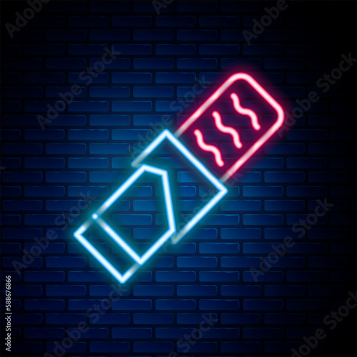 Glowing neon line Protein sport bar icon isolated on brick wall background. Energy snack icon. Organic sweets. Colorful outline concept. Vector