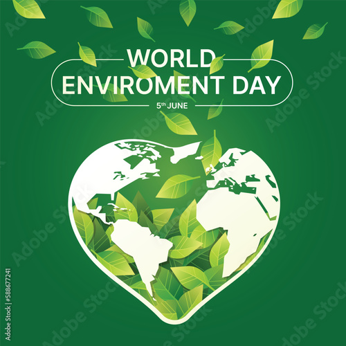 World Environment Day - Green leaf falling in to earth world with heart shape on green background vector design