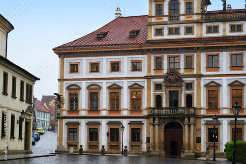 Old street with Tuscan palace (Toskánský palác) in Prague, Czech Republic. 