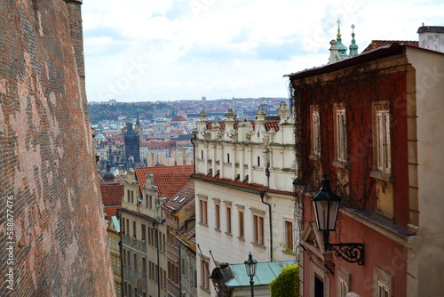 Castle Stairs of Prague Castle, panoramic view of Prague, Czech Republic. 