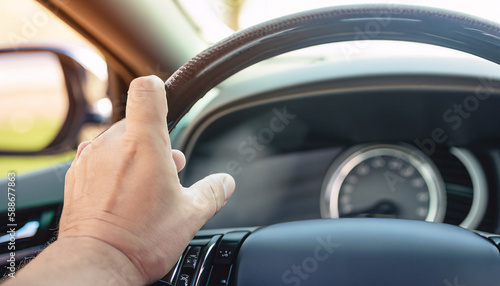 A steering wheel and hands. Place for text. Blurred background. © PixobaPICS