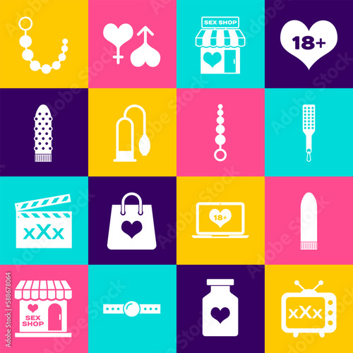 Set Sex tv old television, Dildo vibrator, Spanking paddle, shop building, Penis pump, Anal beads and icon. Vector