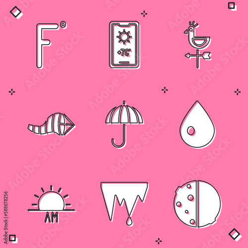 Set Fahrenheit, Weather forecast, Rooster weather vane, Cone meteorology windsock wind, Umbrella, Water drop, Sunrise and Icicle icon. Vector