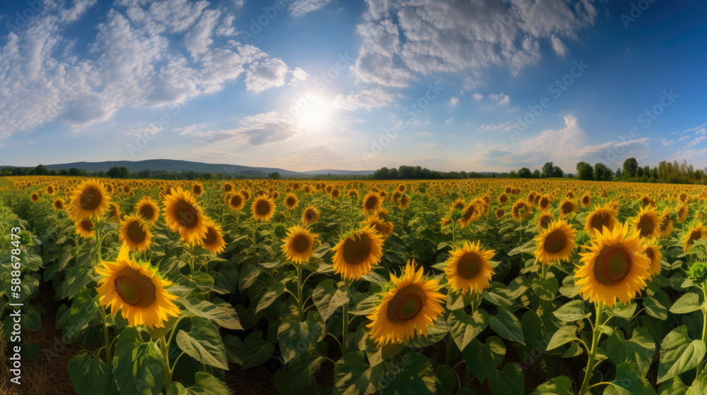 Sunflower field, agricultural landscape. Generative AI