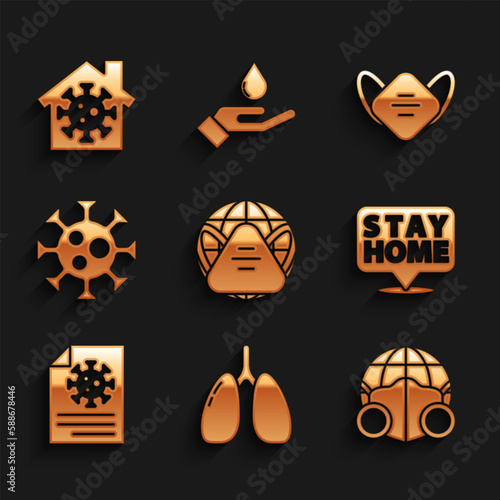 Set Earth with medical mask, Lungs, Stay home, Clipboard blood test results, Virus, Medical protective and icon. Vector