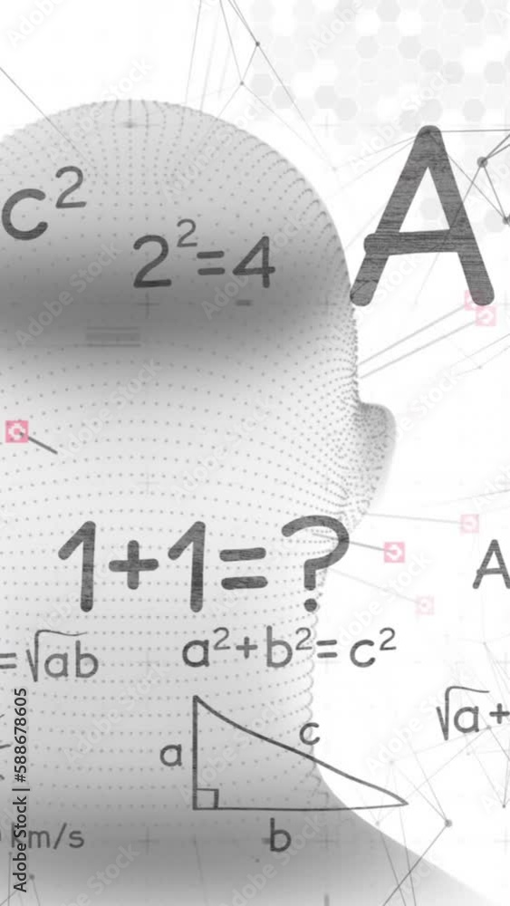 Animation of digital head and mathematical equations on white background Animation of digital head and mathematical equations on white background