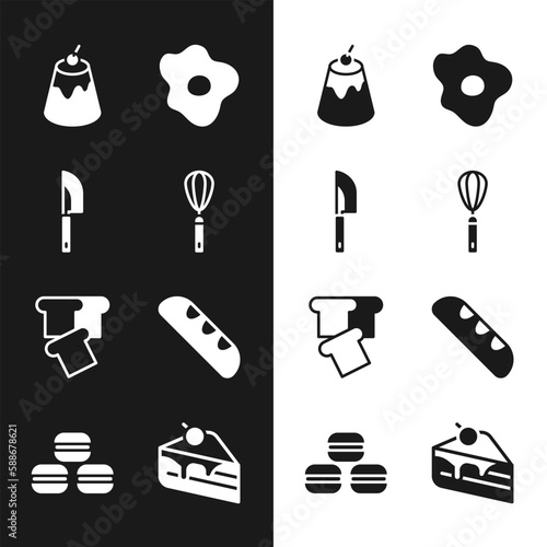 Set Kitchen whisk, Knife, Pudding custard, Scrambled eggs, Bread toast, French baguette bread, Piece of cake and Macaron cookie icon. Vector