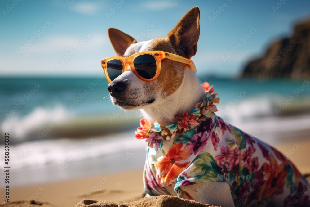 Dog Wearing Sunglasses and Hawaiian Shirt
