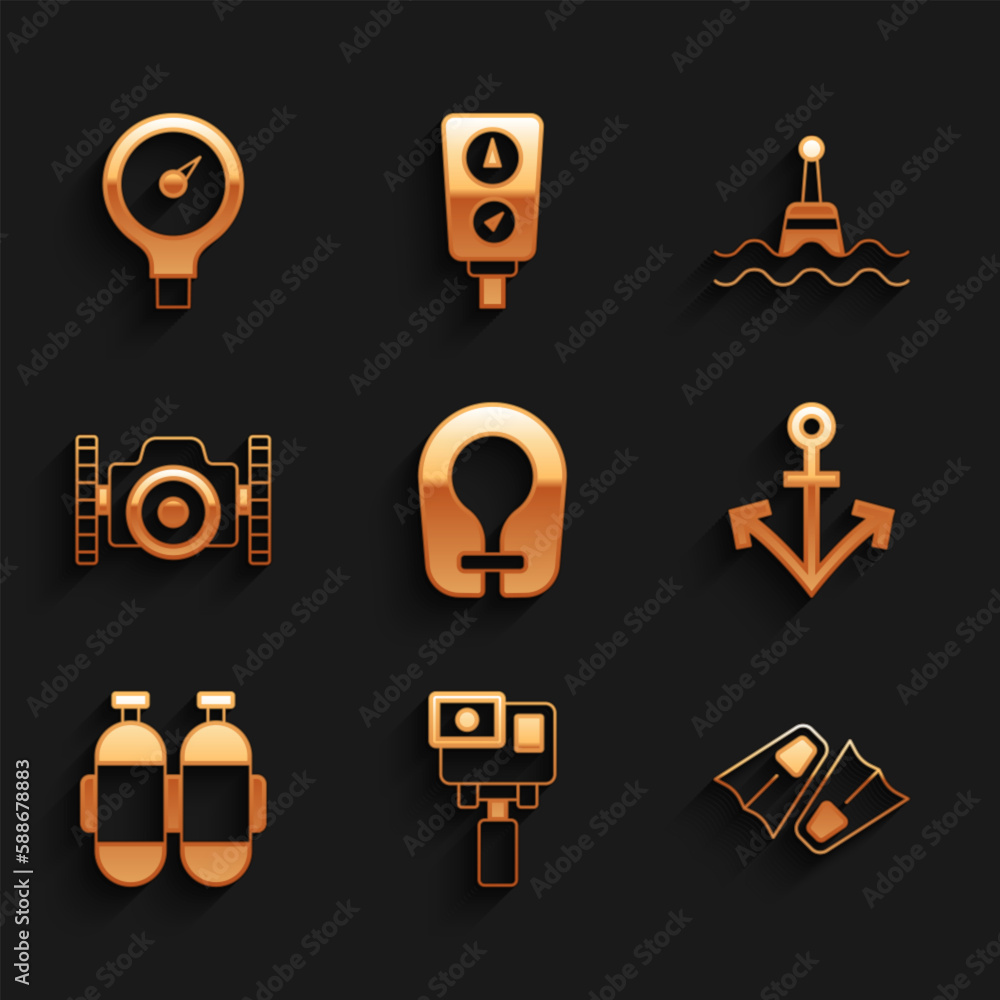 Set Life jacket, Action extreme camera, Flippers for swimming, Anchor, Aqualung, Photo diver, Floating buoy and Gauge scale icon. Vector Set Life jacket, Action extreme camera, Flippers for swimming, Anchor, Aqualung, Photo diver, Floating buoy and Gauge scale icon. Vector