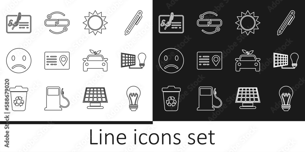 Set line Light bulb, Solar energy panel and light, Sun, Address book, Sad smile, Signed document, Eco car concept drive and Chain link line icon. Vector