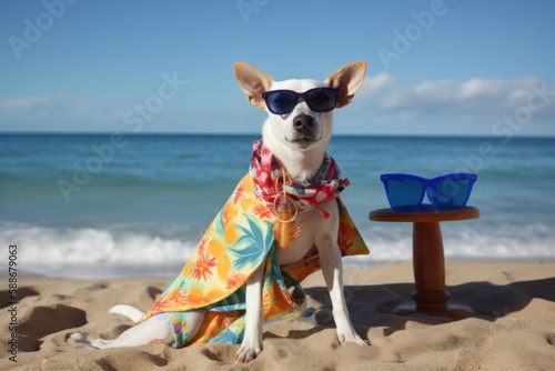 Hawaiian-Shirted Dog with Sunglasses Lounging at Beach © Georg Lösch
