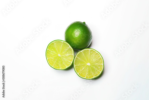 Top view of whole and slice lime isolated on white background. Created with Generative AI Technology