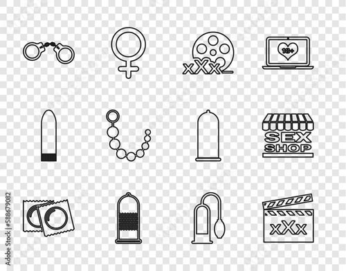 Set line Condoms in package, Movie clapper with Sex, Film reel, safe sex, Handcuffs, Anal beads, Penis pump and shop building icon. Vector