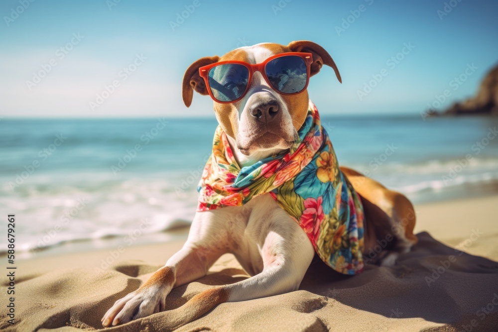 Sunglass-Wearing Dog Lounging on Beach in Hawaiian Shirt