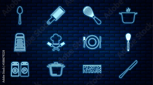Set line Knife, Kitchen whisk, Chef hat and fork, Grater, Spoon, Plate, knife and icon. Vector