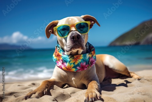 Sunglass-Wearing Dog Lounging on Beach in Hawaiian Shirt © Georg Lösch