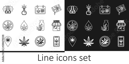 Set line Online buying marijuana, Marijuana and cannabis store, Calendar, leaf oil, Stop, Test tube with, and icon. Vector