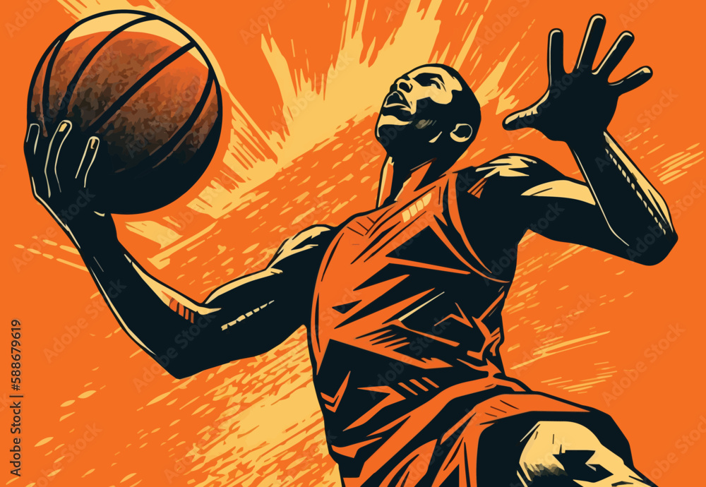 illustration shows a basketball player in action, throwing a ball