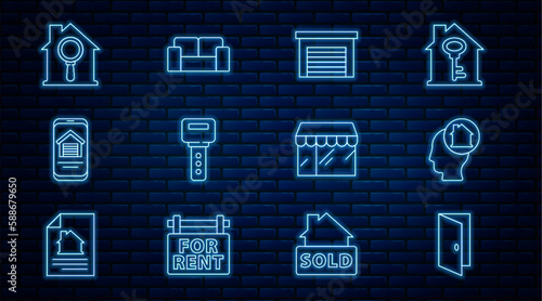 Set line Closed door, Man dreaming about buying house, Garage, House key, Online real estate, Search, Market store and Sofa icon. Vector