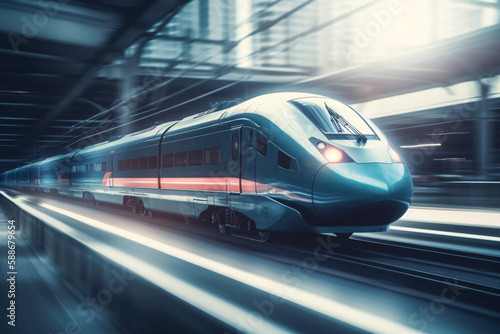 A futuristic looking train that moves through the urban landscape in elegant shades of blue with a touch of red, Generative AI