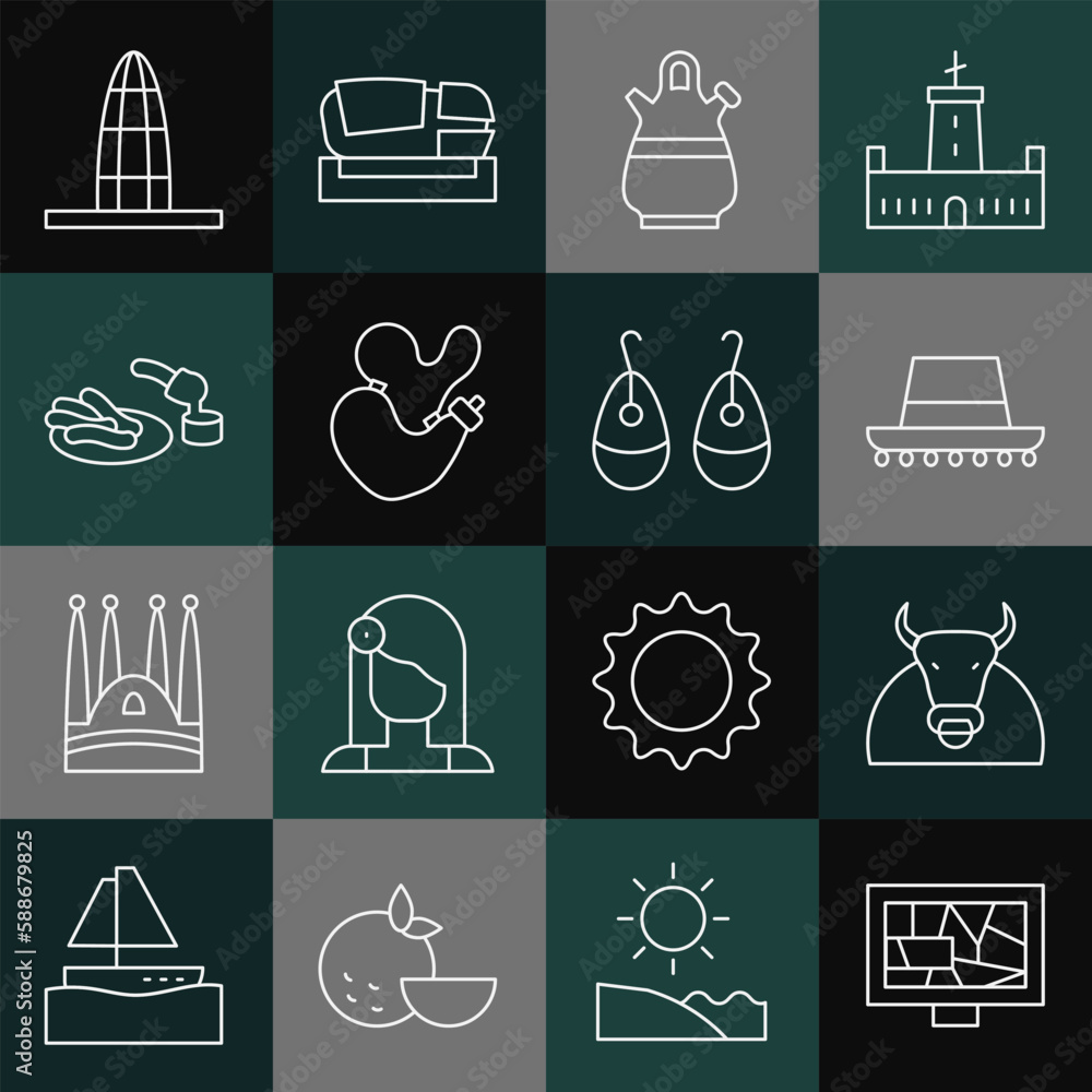 Set line Picture art, Bull, Spanish hat, Sangria pitcher, wineskin, Churros and chocolate, Agbar tower and Earrings icon. Vector Set line Picture art, Bull, Spanish hat, Sangria pitcher, wineskin, Churros and chocolate, Agbar tower and Earrings icon. Vector