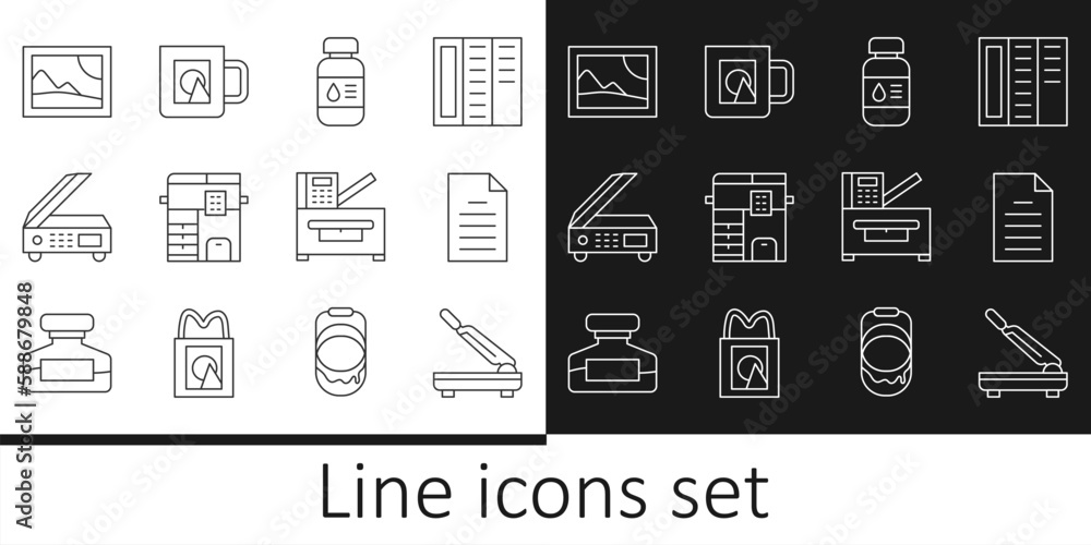 Set line Paper cutter, File document, Printer ink bottle, Copy machine, Scanner, Picture landscape, and Coffee cup icon. Vector Set line Paper cutter, File document, Printer ink bottle, Copy machine, Scanner, Picture landscape, and Coffee cup icon. Vector