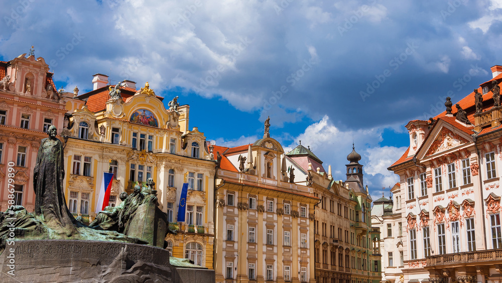 Beautiful Old Town Square with Jan Hus memorial in Prague