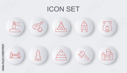 Set line Chateau Frontenac hotel, Capilano Suspension Bridge, Indian teepee or wigwam, Wooden axe, Lighthouse, Peameal bacon, Canadian spruce and Beanie icon. Vector
