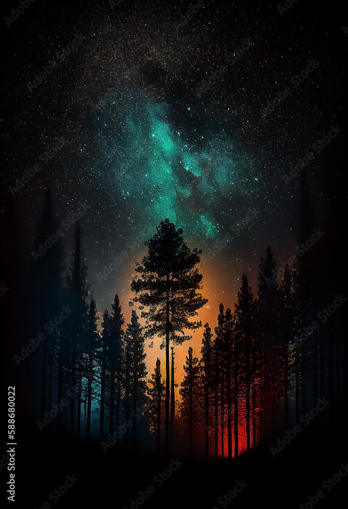galaxy cosmic at night in the forest. AI generated