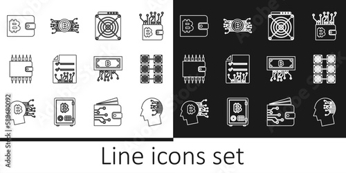 Set line Brain as digital circuit board, Mining farm, ASIC Miner, Smart contract, Cryptocurrency wallet, bitcoin with and icon. Vector