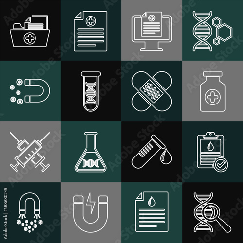 Set line DNA research, search, Clipboard with blood test, Medicine bottle, Clinical record on monitor, Magnet money, Health folder and Crossed bandage plaster icon. Vector