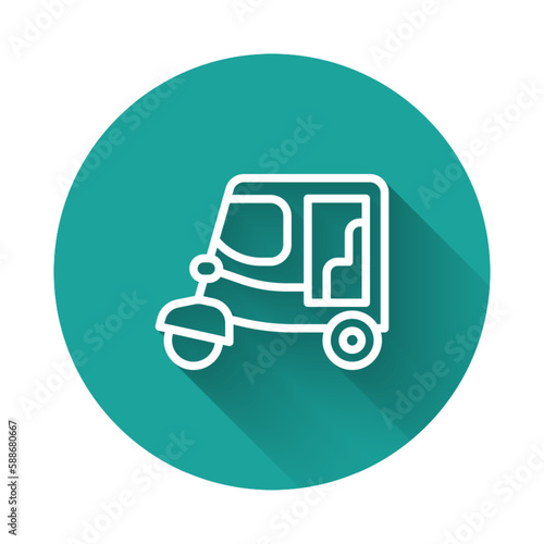 White line Taxi tuk tuk icon isolated with long shadow. Indian auto rickshaw concept. Delhi auto. Green circle button. Vector