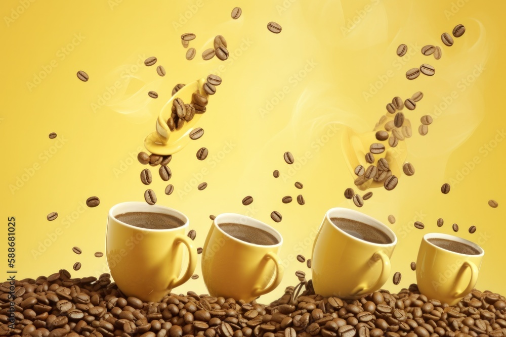 Obraz premium Flying Yellow Coffee Cups and Roasted Beans on Yellow Background