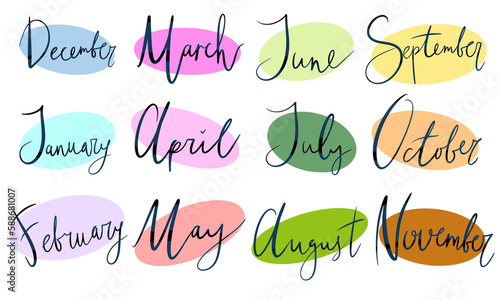 set of simple lettering design elements hand style months years with colorful circles on background for printing and media calendars ballet journal
