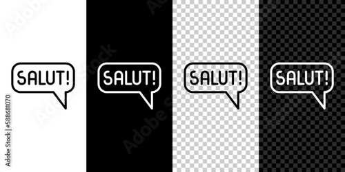 Set line Salut in different languages icon isolated on black and white, transparent background. Speech bubbles. Vector