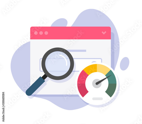 Website load speed test icon vector, web site seo analyzing check flat graphic, magnifying glass searching fast data review on internet page, explore analysis research technology illustration image