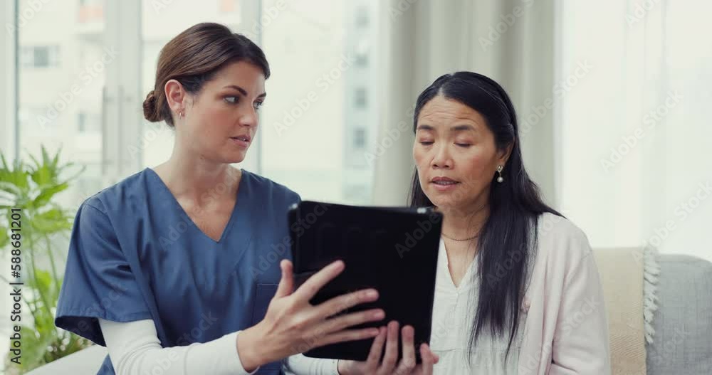 Doctor, tablet results and senior sad woman, client and nurse with patient for medical consultation, help or support. Consulting surgeon, bad diagnosis or elderly Asian female crying over cancer xray Doctor, tablet results and senior sad woman, client and nurse with patient for medical consultation, help or support. Consulting surgeon, bad diagnosis or elderly Asian female crying over cancer xray
