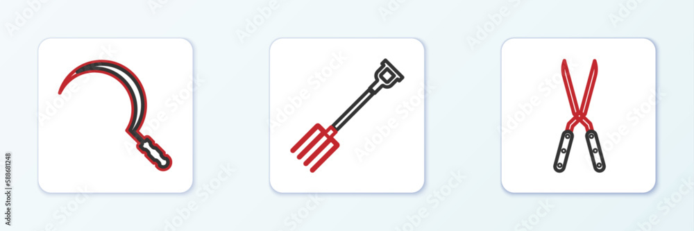 Set line Gardening handmade scissor, Bucket and pitchfork icon. Vector Set line Gardening handmade scissor, Bucket and pitchfork icon. Vector