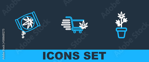 Set line Marijuana plant in pot, or cannabis seeds and Shopping cart with marijuana icon. Vector