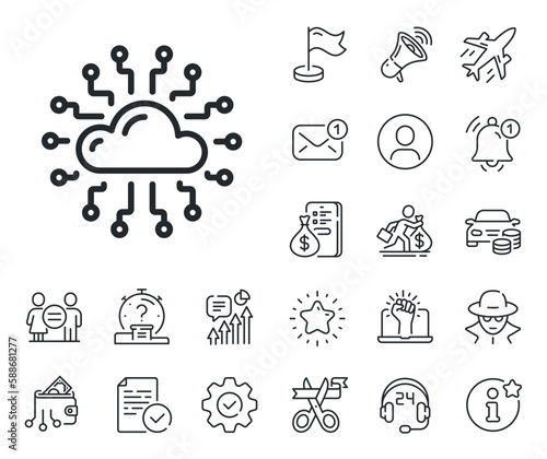 Internet data storage sign. Salaryman, gender equality and alert bell outline icons. Cloud computing network line icon. File hosting technology symbol. Cloud network line sign. Vector