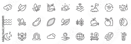 Icons pack as Wind energy  Plants watering and Apple line icons for app include Waves  Juice  Pecan nut outline thin icon web set. Water glass  Sunny weather  Sun protection pictogram. Vector