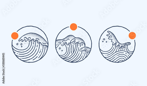 Set of line art style surfing emblems. For t-shirt prints, posters and other uses.