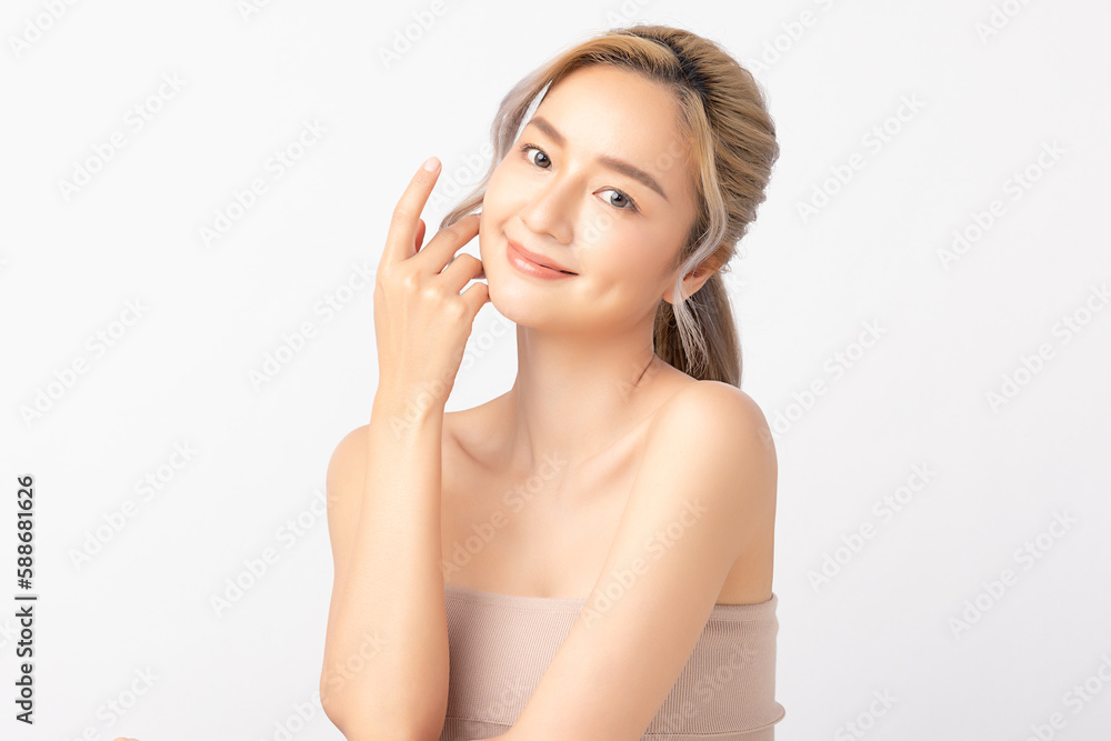 Happy beautiful young asian woman clean fresh bare skin concept. Asian girl beauty face skincare and health wellness, Facial treatment, Perfect skin, Natural make up. Isolated on white background. Happy beautiful young asian woman clean fresh bare skin concept. Asian girl beauty face skincare and health wellness, Facial treatment, Perfect skin, Natural make up. Isolated on white background.